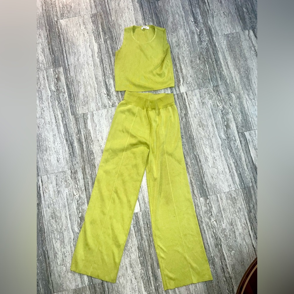 Lime Green Two-Piece Knit Set - Sleeveless Top + Wide Leg Pants